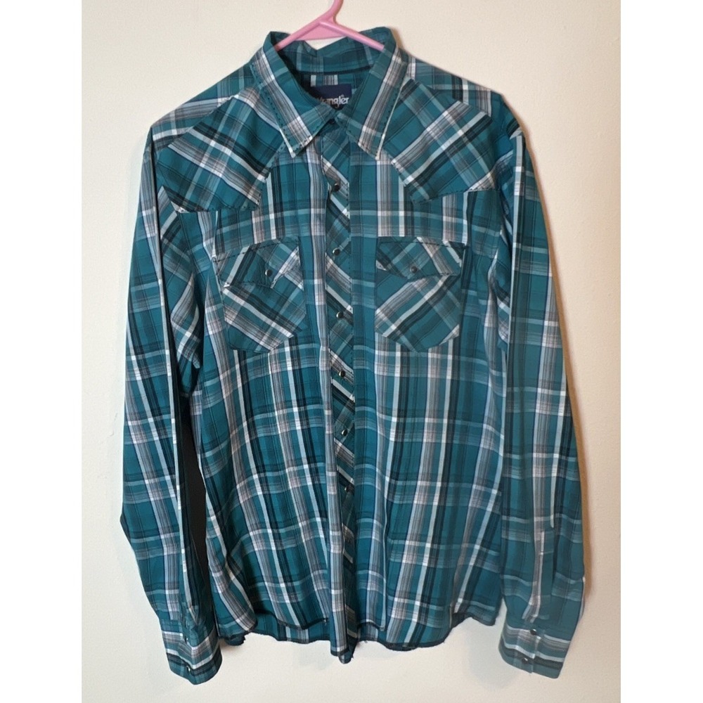 Wrangler Pearl Snap Shirt Mens LT Blue Plaid Sawtooth Pocket Western Wear